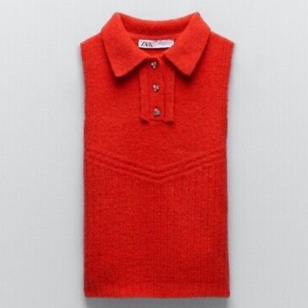 ZARA Fluffy Sleeveless Collard Blouse with Silver Jeweled Buttons in Red 282